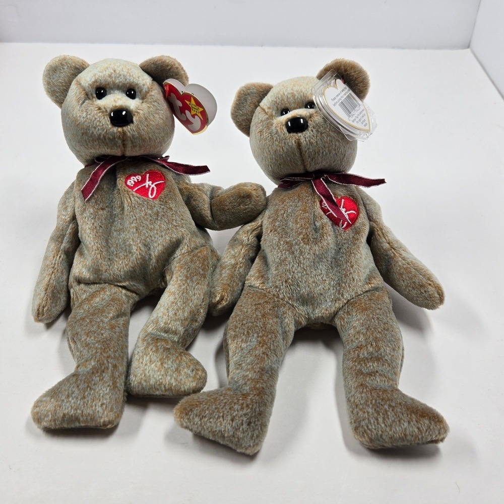 Ty Beanie Babies 1999 Signature Bear Set of 2 Brown Mottled Plush Collectible